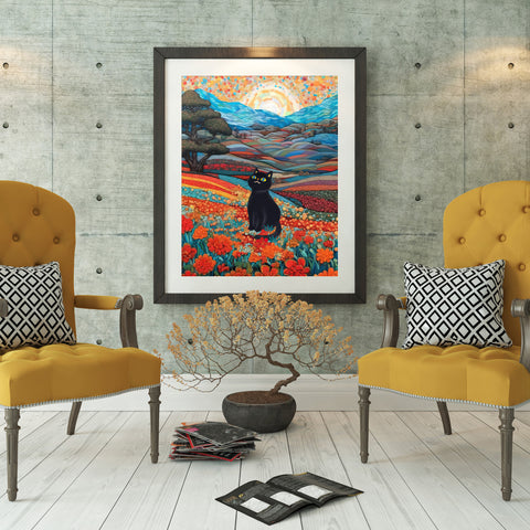 Joyful Cat in the Wonderful Flower Valley, Cute Black Cat Art, Unframed Satin Poster