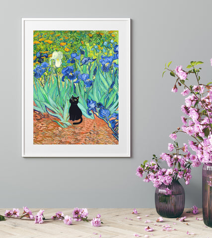 Van Gogh Irises with Cute Black Cat, Printed Satin Poster