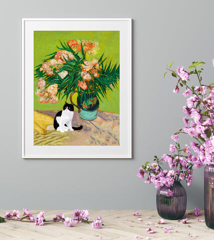 Van Gogh Oleanders Cat Print, Black & White Cat Print, Unframed Satin Poster