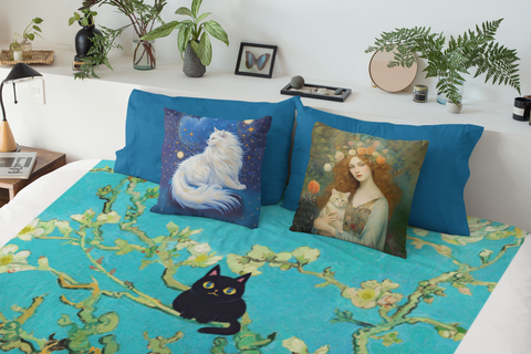 Van Gogh Almond Blossoms With Two Black Cats, Velveteen Plush Blanket