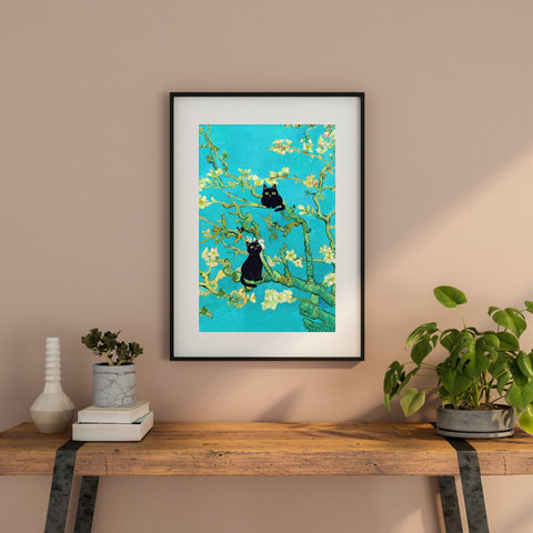 Van Gogh Almond Blossoms with Black Cats, Unframed Printed Satin Poster