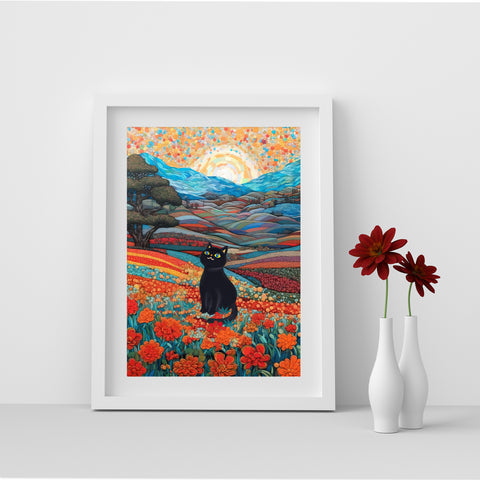 Joyful Cat in the Wonderful Flower Valley, Cute Black Cat Art, Unframed Satin Poster