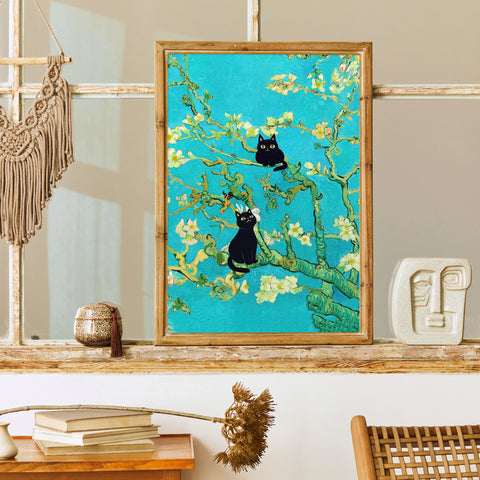 Van Gogh Almond Blossoms with Black Cats, Unframed Printed Satin Poster