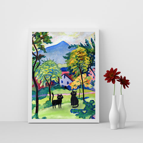 Two Adorable Black Cats in August Macke Landscape, Unframed Satin Poster