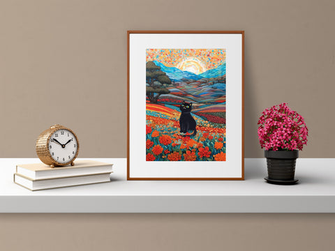 Joyful Cat in the Wonderful Flower Valley, Cute Black Cat Art, Unframed Satin Poster