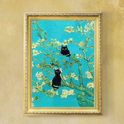 Van Gogh Almond Blossoms with Black Cats, Unframed Printed Satin Poster