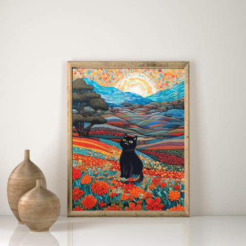 Joyful Cat in the Wonderful Flower Valley, Cute Black Cat Art, Unframed Satin Poster