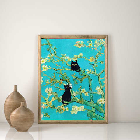 Van Gogh Almond Blossoms with Black Cats, Unframed Printed Satin Poster