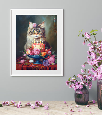 The Birthday Cat, Cat Art Print, Unframed Satin Poster