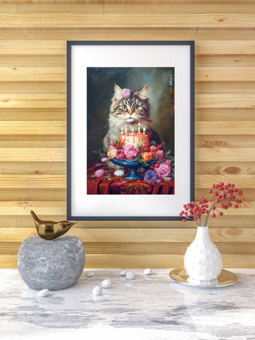 The Birthday Cat, Cat Art Print, Unframed Satin Poster