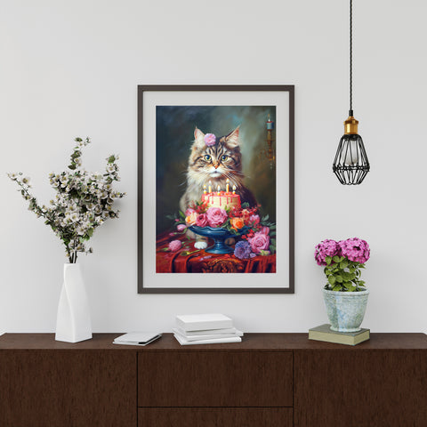 The Birthday Cat, Cat Art Print, Unframed Satin Poster