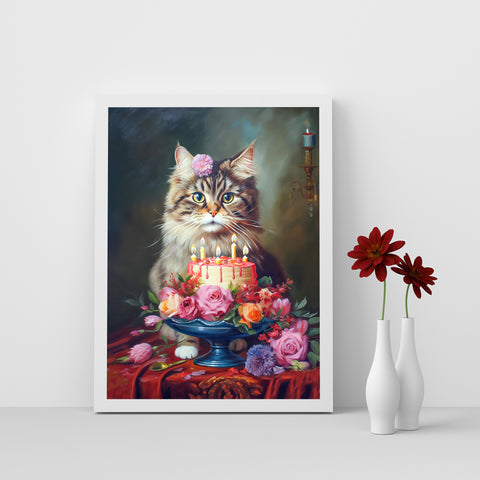 The Birthday Cat, Cat Art Print, Unframed Satin Poster