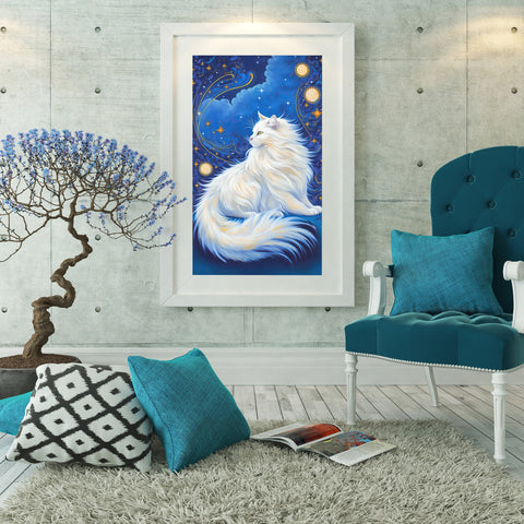 Celestial Cat at Midnight with a Starry Sky, Unframed Printed Satin Poster