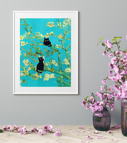 Van Gogh Almond Blossoms with Black Cats, Unframed Printed Satin Poster