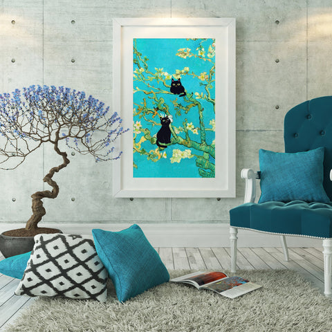 Van Gogh Almond Blossoms with Black Cats, Unframed Printed Satin Poster