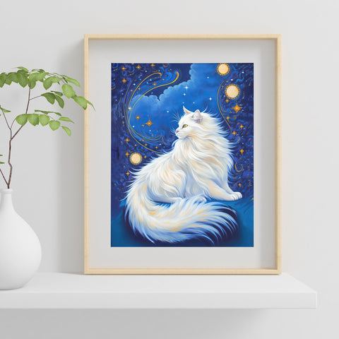 Celestial Cat at Midnight with a Starry Sky, Unframed Printed Satin Poster