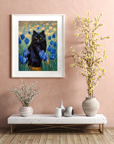 The Cute Black Cat Among Irises, Cat Art Unframed Satin Poster