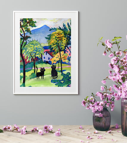 Two Adorable Black Cats in August Macke Landscape, Unframed Satin Poster