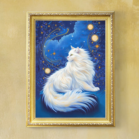 Celestial Cat at Midnight with a Starry Sky, Unframed Printed Satin Poster