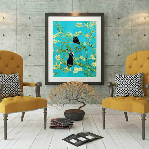 Van Gogh Almond Blossoms with Black Cats, Unframed Printed Satin Poster