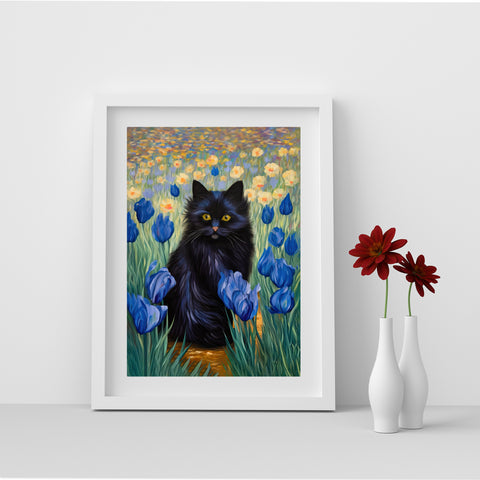 The Cute Black Cat Among Irises, Cat Art Unframed Satin Poster