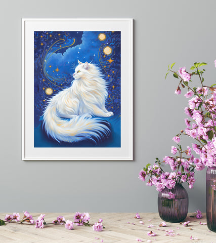 Celestial Cat at Midnight with a Starry Sky, Unframed Printed Satin Poster