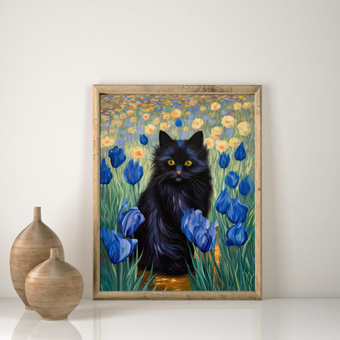 The Cute Black Cat Among Irises, Cat Art Unframed Satin Poster