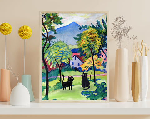 Two Adorable Black Cats in August Macke Landscape, Unframed Satin Poster