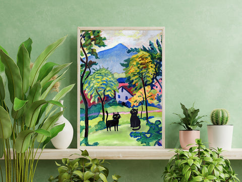 Two Adorable Black Cats in August Macke Landscape, Unframed Satin Poster