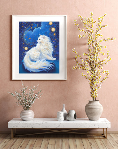 Celestial Cat at Midnight with a Starry Sky, Unframed Printed Satin Poster