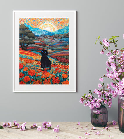 Joyful Cat in the Wonderful Flower Valley, Cute Black Cat Art, Unframed Satin Poster