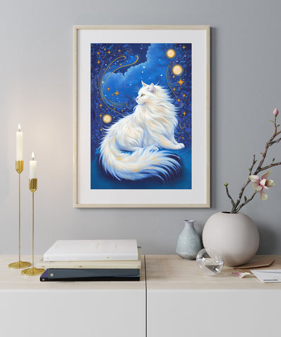 Celestial Cat at Midnight with a Starry Sky, Unframed Printed Satin Poster