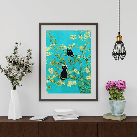 Van Gogh Almond Blossoms with Black Cats, Unframed Printed Satin Poster