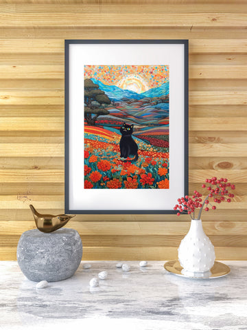 Joyful Cat in the Wonderful Flower Valley, Cute Black Cat Art, Unframed Satin Poster