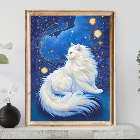 Celestial Cat at Midnight with a Starry Sky, Unframed Printed Satin Poster