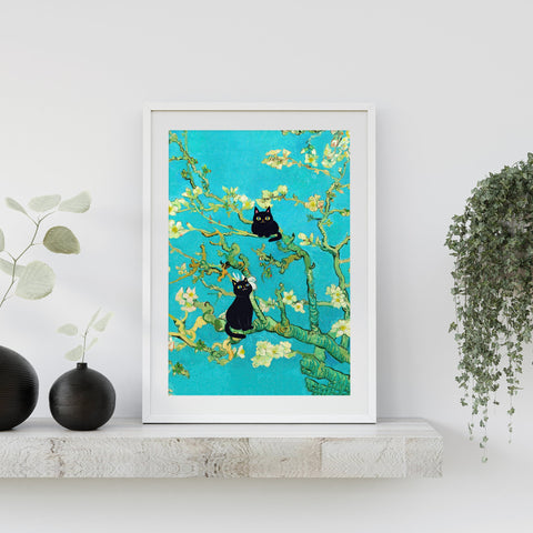 Van Gogh Almond Blossoms with Black Cats, Unframed Printed Satin Poster