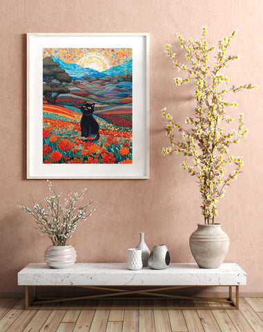 Joyful Cat in the Wonderful Flower Valley, Cute Black Cat Art, Unframed Satin Poster