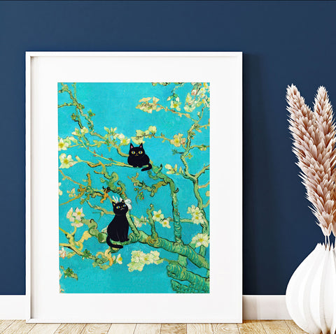 Van Gogh Almond Blossoms with Black Cats, Unframed Printed Satin Poster