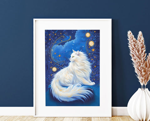 Celestial Cat at Midnight with a Starry Sky, Unframed Printed Satin Poster