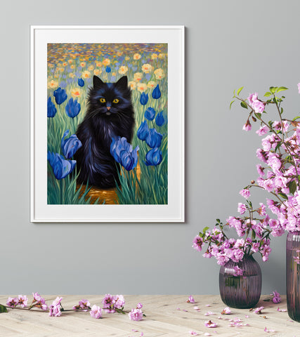 The Cute Black Cat Among Irises, Cat Art Unframed Satin Poster