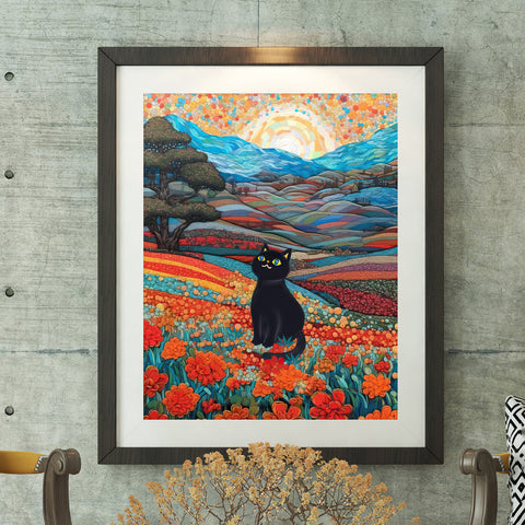 Joyful Cat in the Wonderful Flower Valley, Cute Black Cat Art, Unframed Satin Poster