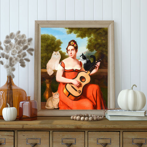 Music Lover Cats, Guitar Player and Her Cats, Unframed Printed Poster