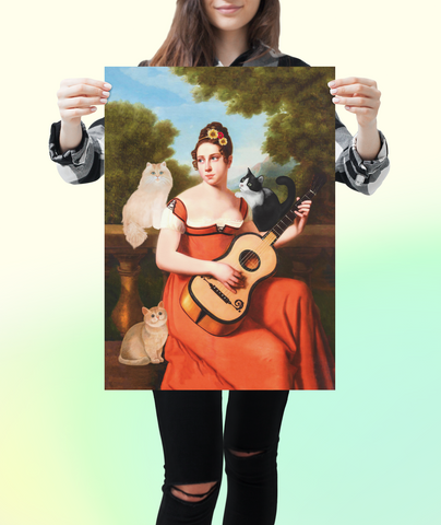 Music Lover Cats, Guitar Player and Her Cats, Unframed Printed Poster