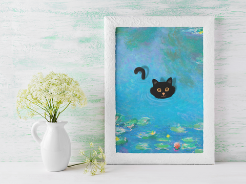 Monet Water Lily Cat Poster, Unframed Printed Satin Poster