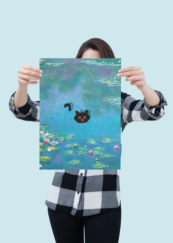 Monet Water Lily Cat Poster, Unframed Printed Satin Poster