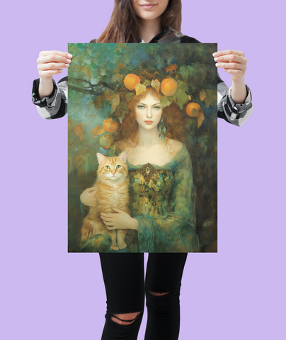 Autumn's Splendor, Lady With Her Cat, Unframed Art Poster