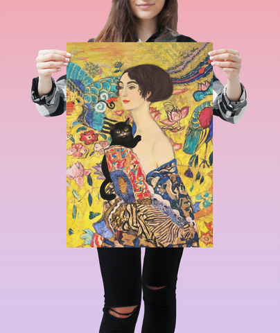 Lady With Fan and Cat, Vintage Gustav Klimt Art, Unframed Poster