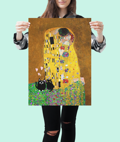 Gustav Klimt The Kiss, Love Cats Print, Unframed Printed Satin Poster