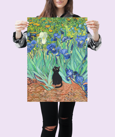 Van Gogh Irises with Cute Black Cat, Printed Satin Poster