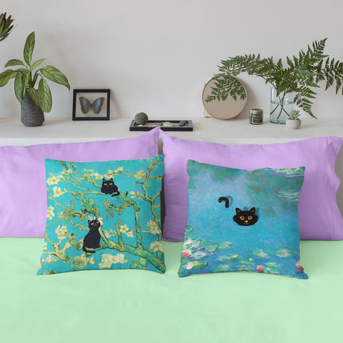 Van Gogh Almond Blossoms with Two Adorable Arty Cats, Cat Lover Gift, Unique Art Print Spun Polyester Square Pillow